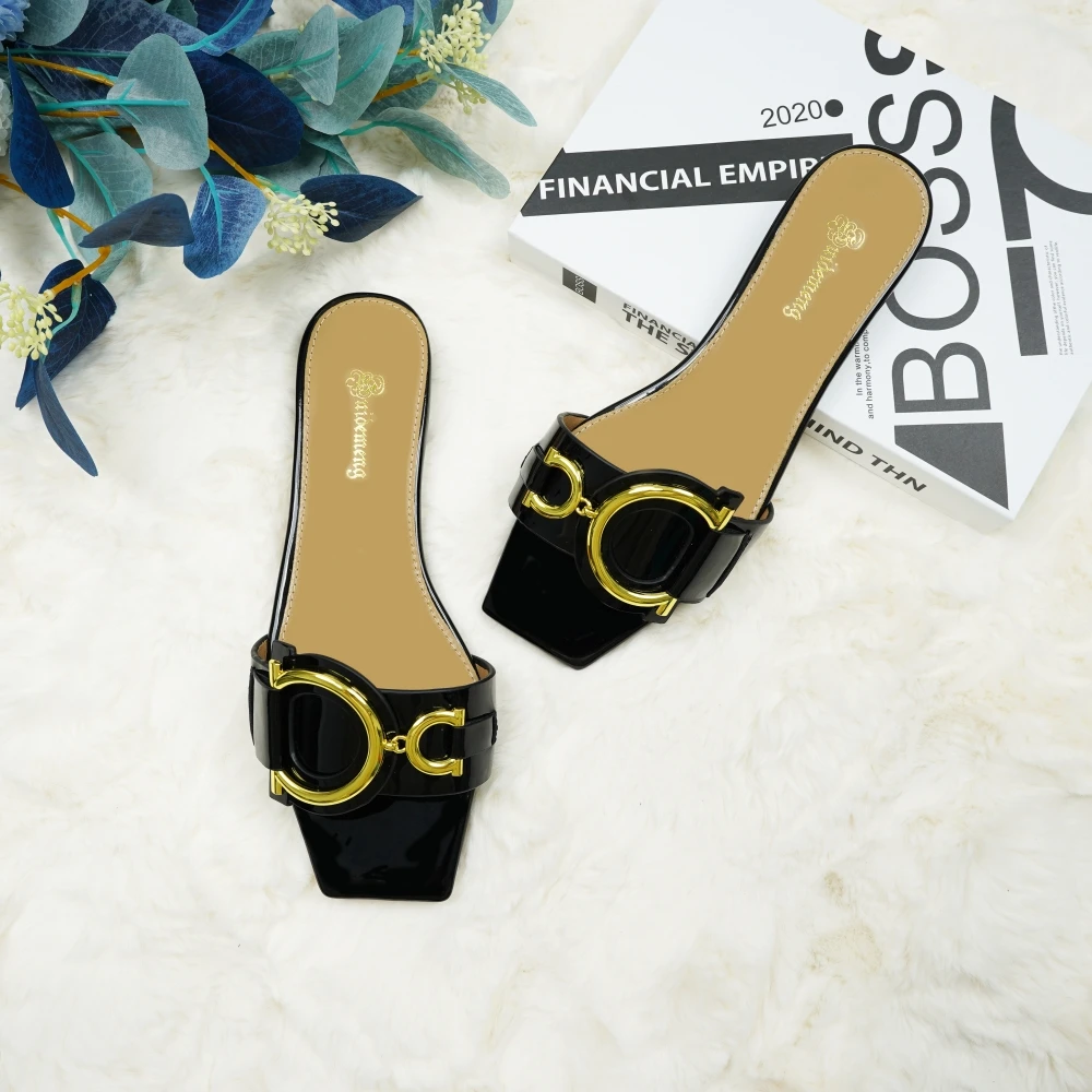 Plus size 35-44 leather slippers women's luxury party shoes square toe fishmouth shoes outdoor beach flip-flops in summer