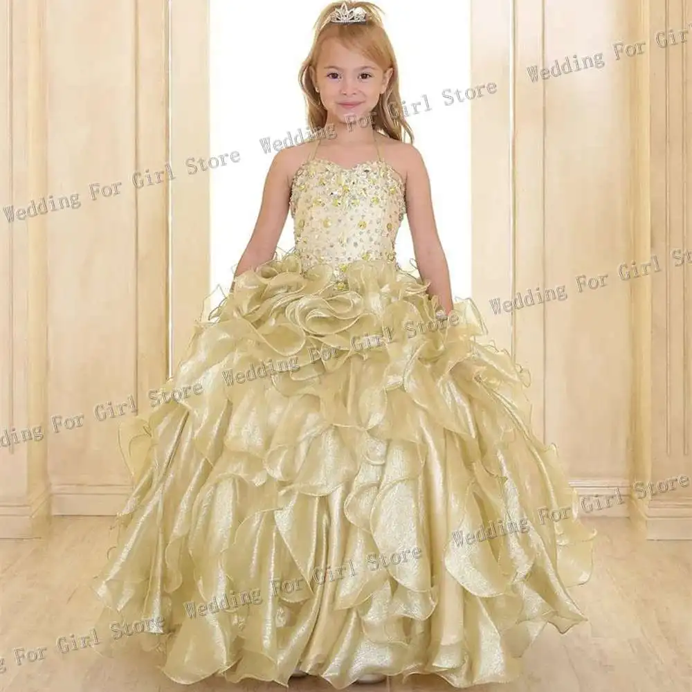 

Sparkling Girls Pageant Dresses Gold Princess Spaghetti Strap Crystal Beads Ruffles Organza Ball Gown Flower Girls Dresses