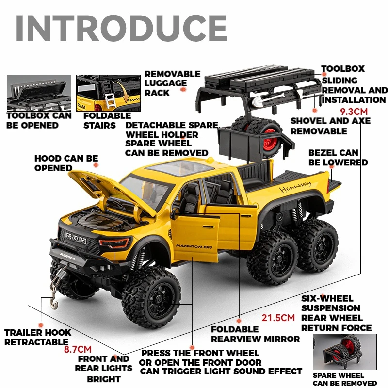 1:24 닷지 매머드 RAM 1000 TRX 6x6 픽업 금속 합금 다이캐스트 모델 자동차 어린이 장난감 자동차 가벼운 컬렉션 선물 친구