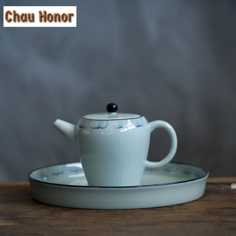 Retro Blue And White Tea Tray Hand Painted Lotus Art Ceramic Tea Pot Holder Dry Bubble Tray Teapot Holder Base Kung Fu Teaware