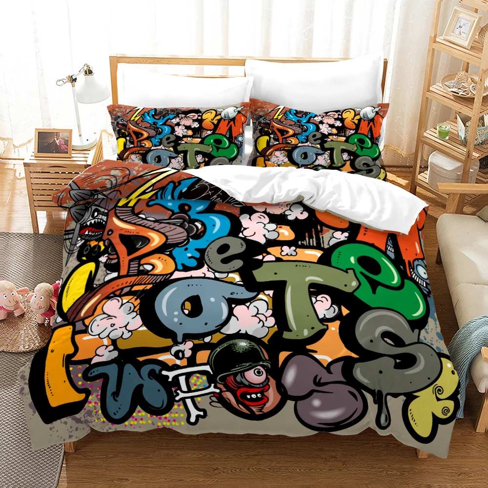 Hip Hop Bedding Set Screenshot Doodle Duvet Cover Colorful Comforter Cover Pillowcase for Teens Bedroom Decorative Quilt Cover