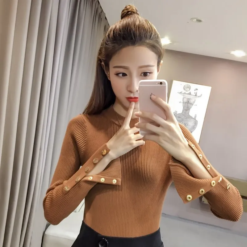 

OHRYIYIE Korean Thick Fashion Button Pullovers Women Autumn Winter Elastic Knit Sweater Female Long Sleeve Jumper Pullover Lady