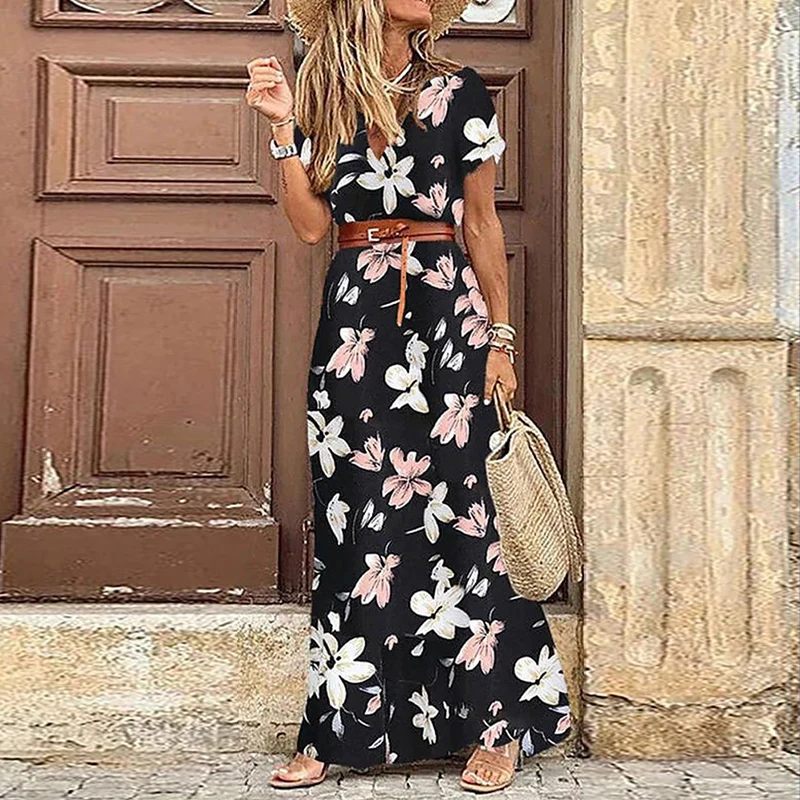 Women Sexy Casual Elegant Holiday Dress Summer Trend V-Neck High Slit Irregular Midi Dress Retro Vintage Print Slim With Belt
