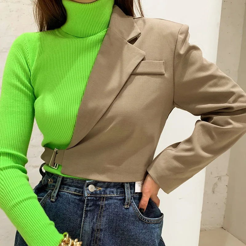 

Women's 2022 autumn and winter new solid color casual suit collar adjustment belt single long-sleeved sexy hollow slim top