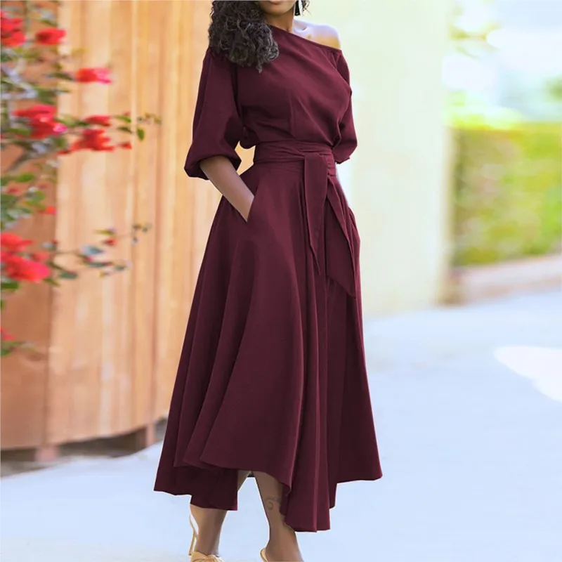

Autumn And Winter New Women's Dress Solid Color Round Neck Long Sleeve Lace Up Waist Fashion Casual Loose Style Dresses Vestido