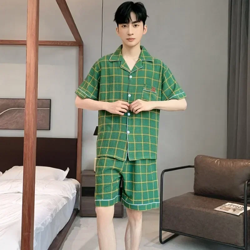 

Пижамные брюки с коротким рукавом, хлопковый мужской домашний костюм, японские тонкие шорты, пижама, летняя мужская пижама в клетку 2023