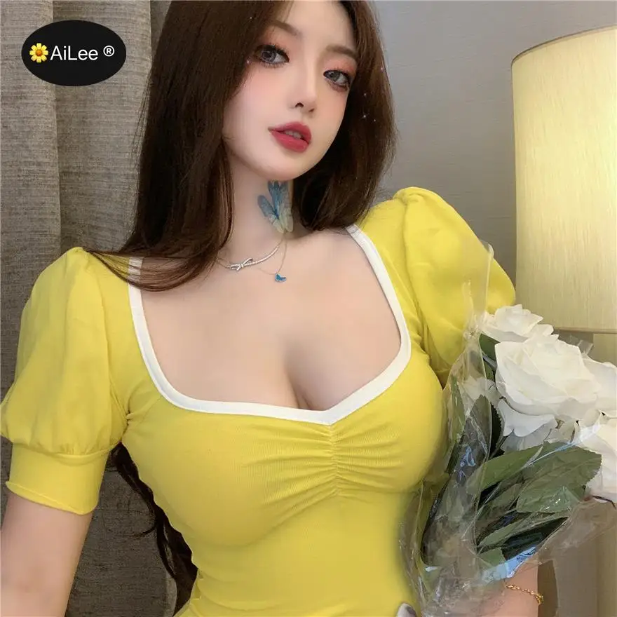 

Summer Square Collar Short Sleeve Dress Low Cut Package Split Elegant Women Party Club Dresses Slim Fit High Street Vestidos