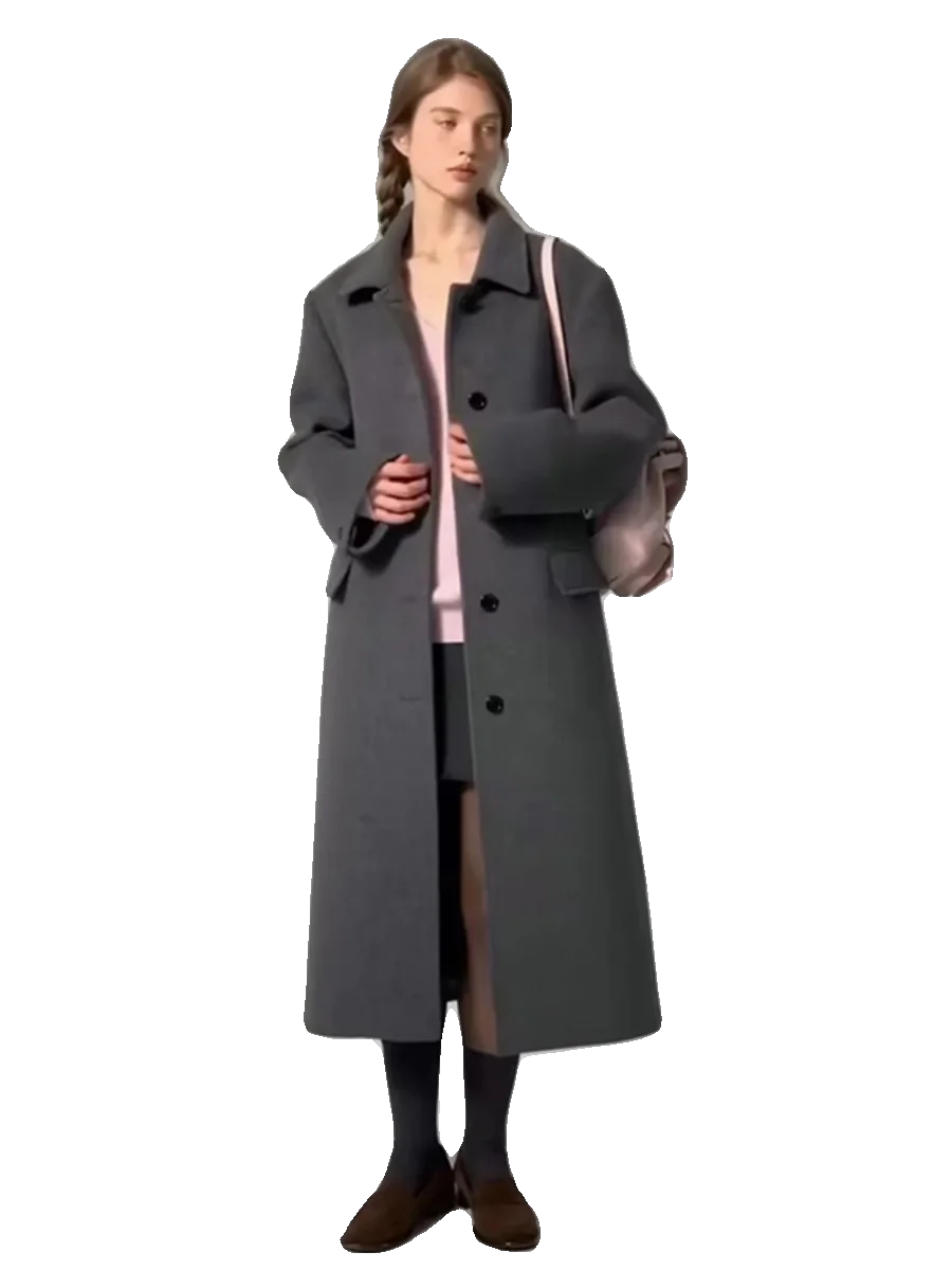Women's Long Woolen Coat Thebarnnet Retro Lapel Single Button Slimming Bla Wool Coat Korean Sle Commute Faion