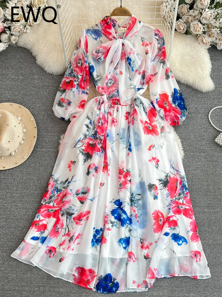 

EWQ Sweet Style Bow Lace-up Chiffon Contrast Color Print A-line Long-sleeve Women's Dress 2023 Autumn New Dresses 27SN3411