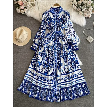 Primavera Autunno Palazzo retrò a maniche lunghe Collo in piedi Vita Aspetto sottile Abito da donna monopetto a trapezio con stampa Celadon 1