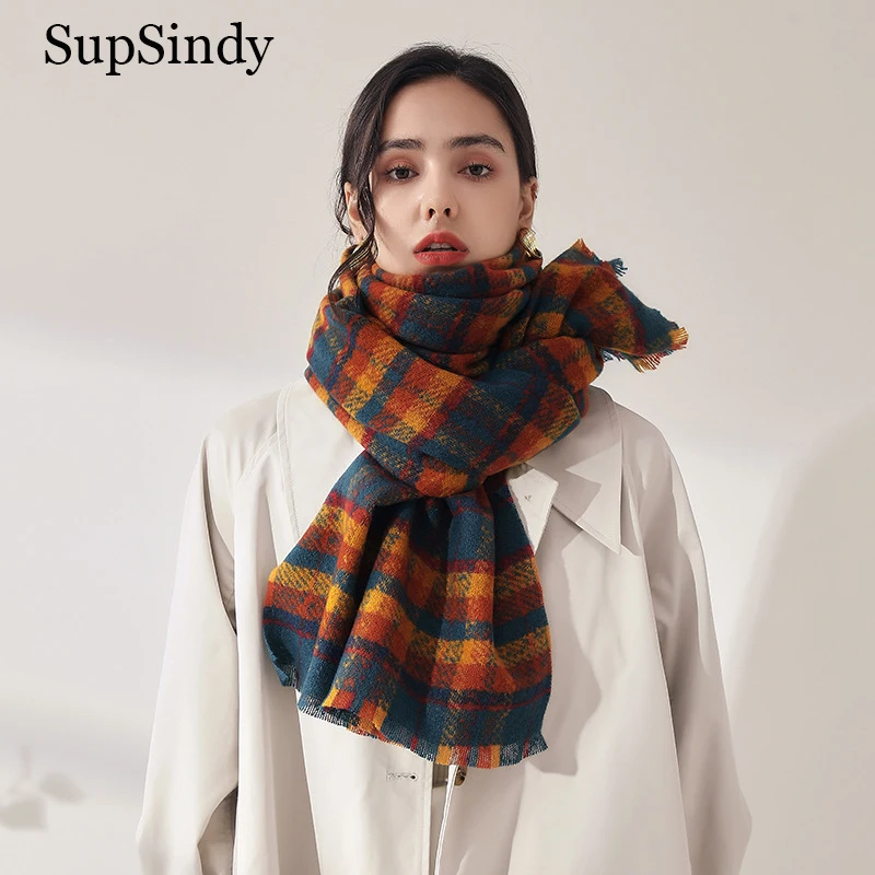 

SupSindy Winter Women Plaid Scarf With Tassel Thick Warm Cashmere Shawl Wrap Soft Pashmina Scarves For Women Cloak Poncho Female