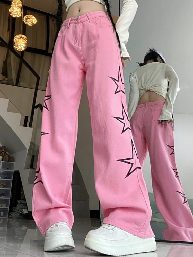 

Ins Girls High Waist Spicy Girl Stars Design Loose Wide Leg Pants Lady American Retro Pink High Street Washed Straight Leg Jeans