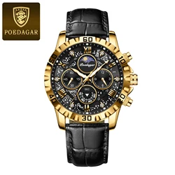 Luxury Men's Waterproof Luminous Chronograph Watch with High-Quality Leather Strap (973 Gold Black)