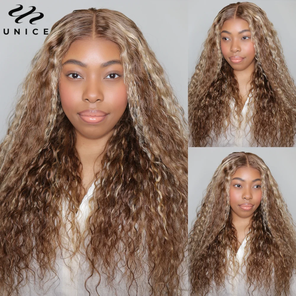 UNice Hair Water Wave Wig Honey Blonde Highlight Pre Cut Lace Wig Human Hair Lace Closure Put On And Go Glueless Wig for Women