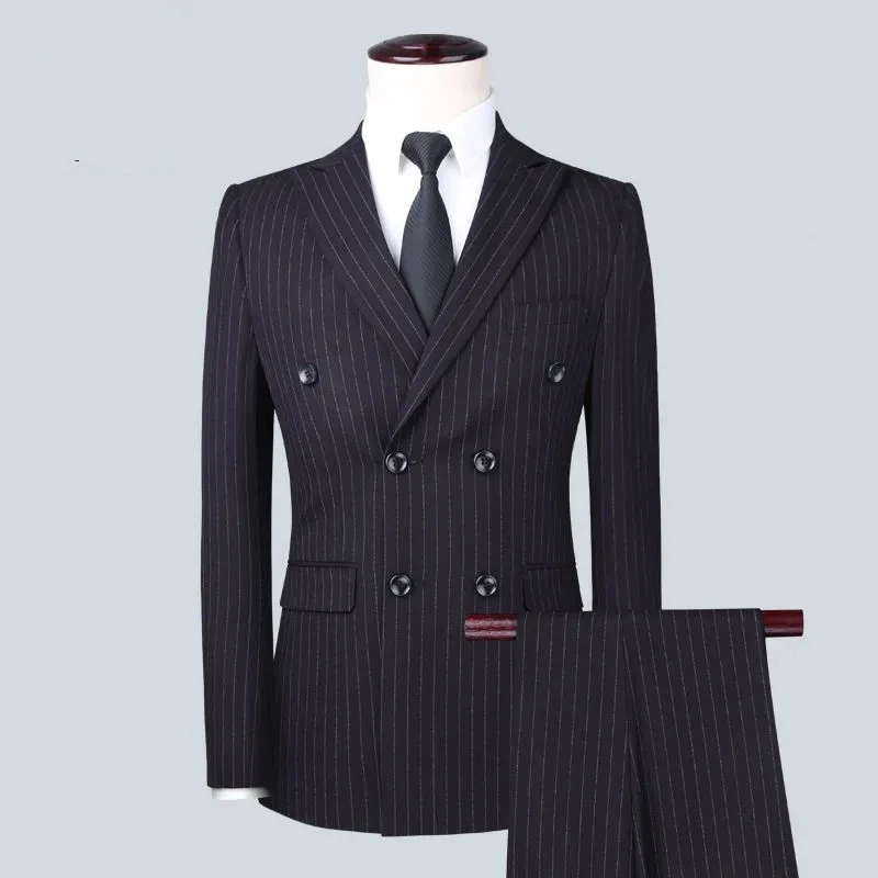 

Autumn/Winter Black Stripe Groom/Groomsmen Suits For Wedding Business Office Blazer Pants Men's Suit Double Breasted Tuxedo