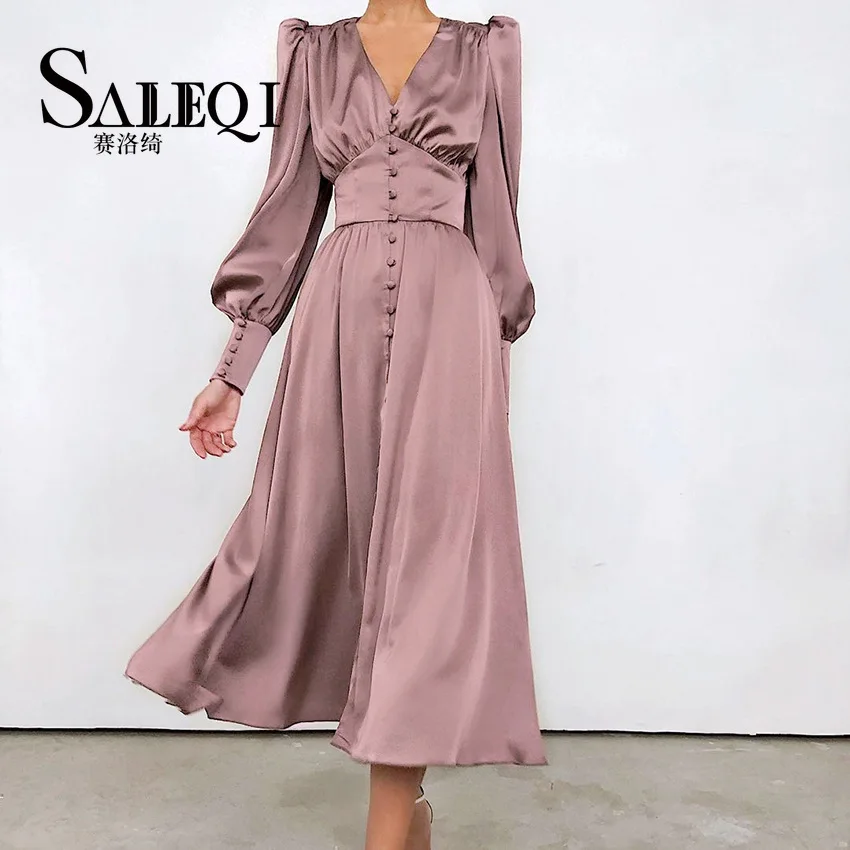 

2023 Summer Women's Dress V-Neck Satin Palace Waist Retro Dress Women