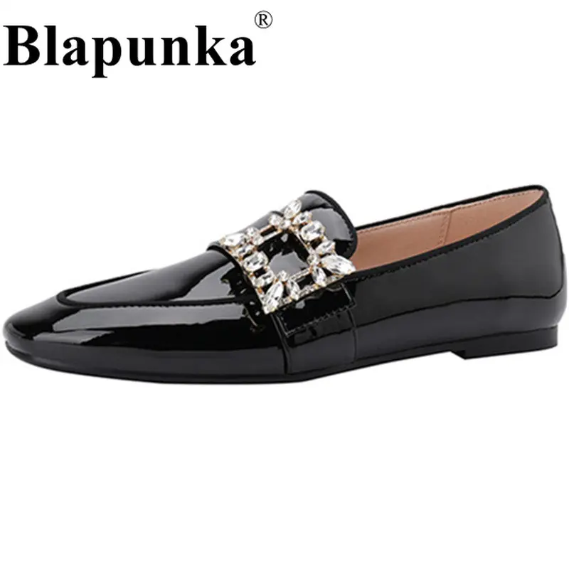 

Blapunka Women Patent Sheep Leather Loafers Luxury Designer Crystal Buckle Slip-ons Flat Shoes Ladies Rhinestone Sheepskin Flats