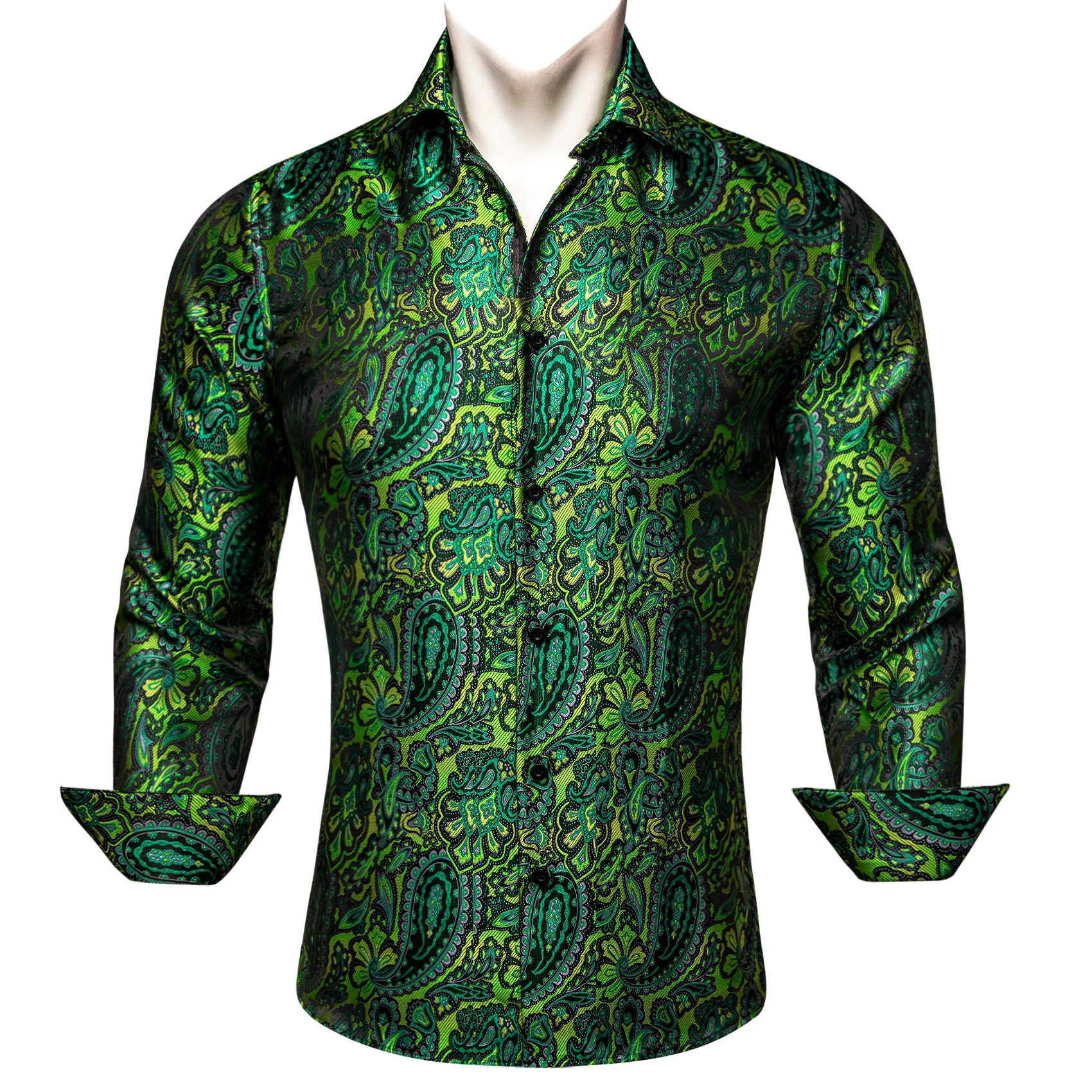 LuxuryShirtsforMenLongSleeveSilkGreenFlowerSlimFitMaleTops