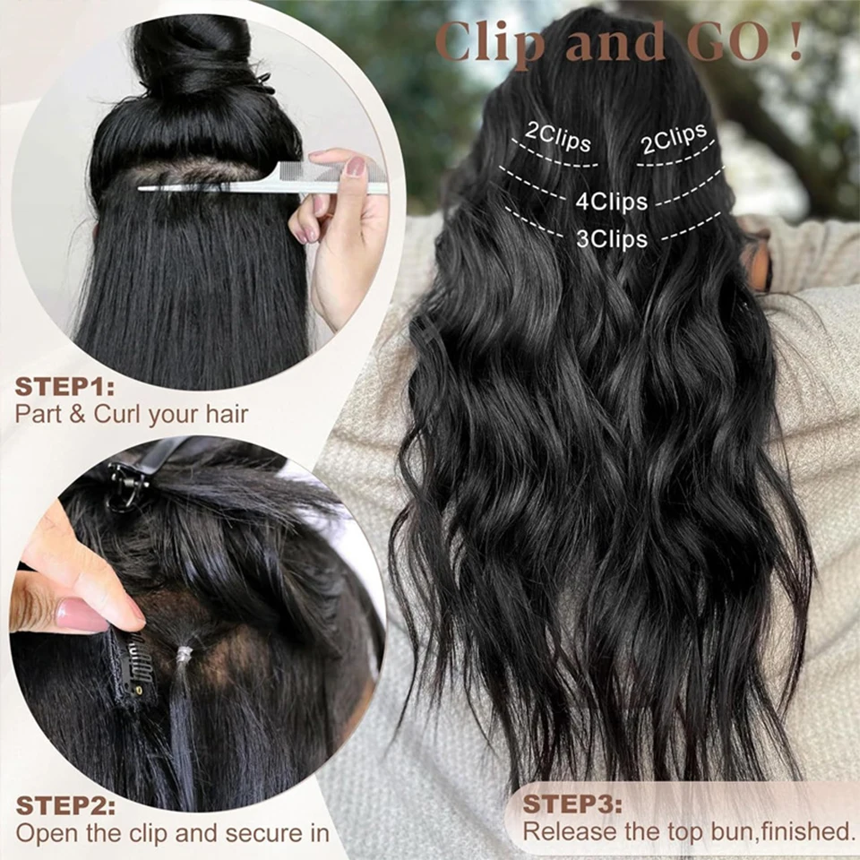 Synthetic Long Wavy Clip In Hair Extensions 24" Hairpiece 6pcs/set For Women Brown Blonde Black Natural Fake Fiber Hair