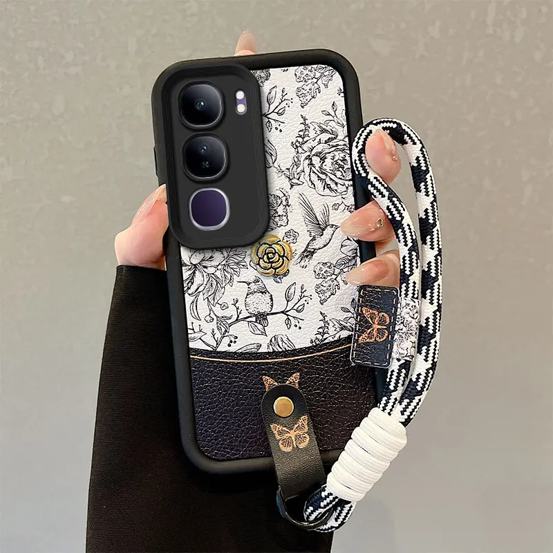 Retro Ink Butterfly Chic Flower Wrist Strap Leather Phone Case Lanyard Cover