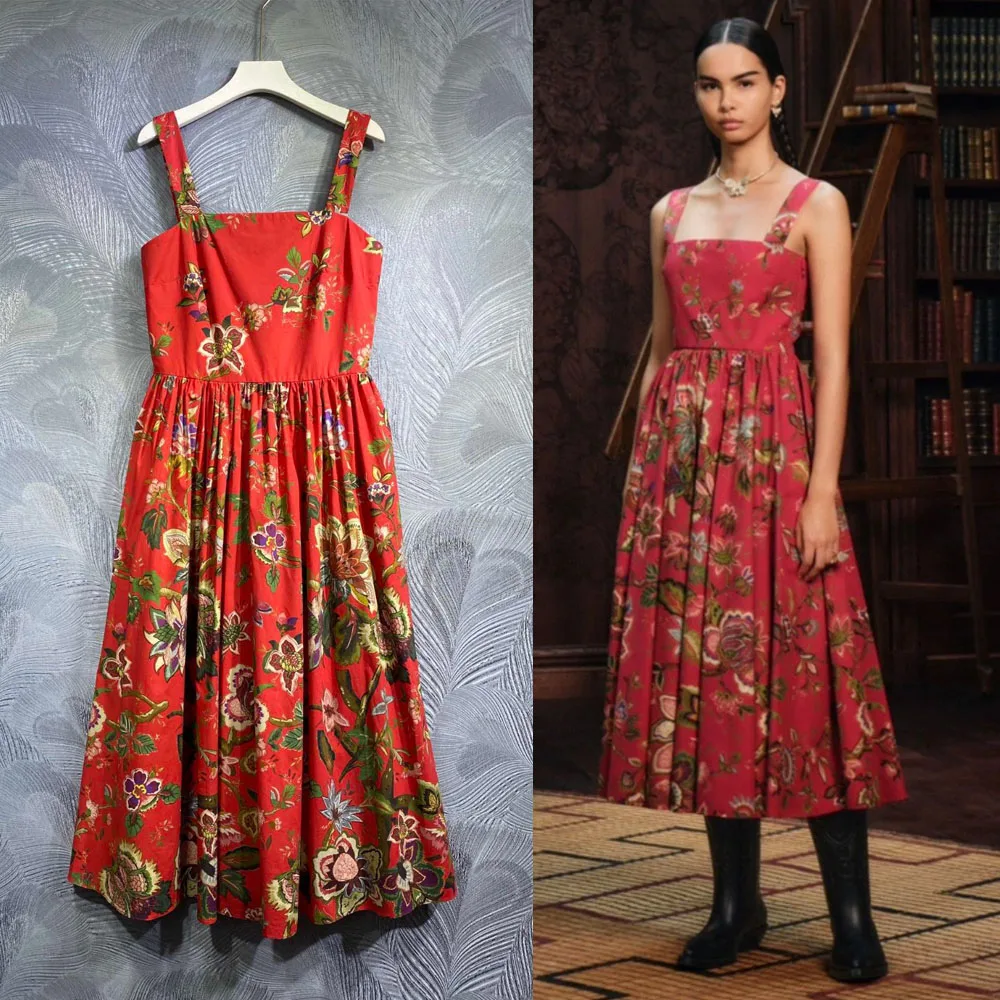 

HIGH QUALITY Designer Inspired Women Floral Printed Sleeveless Cotton Midi Dress In Red 2024 Luxury Runway Fashion