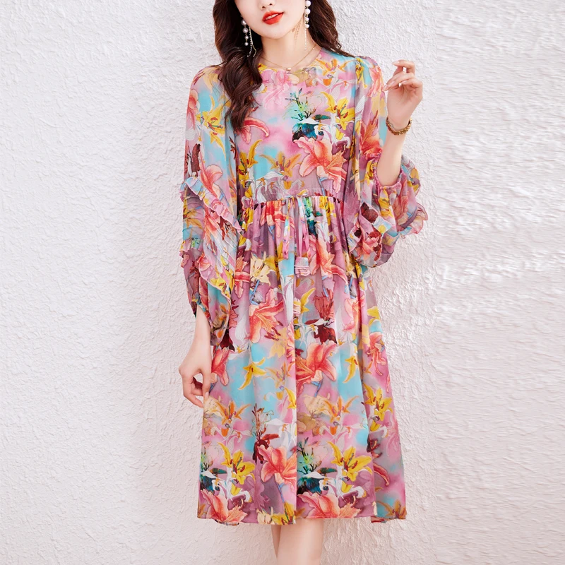 

Spring and Summer 2023 New Temperament French Flower Print Dress Loose Large Mulberry Silk Fragmented Flower Dress Gown