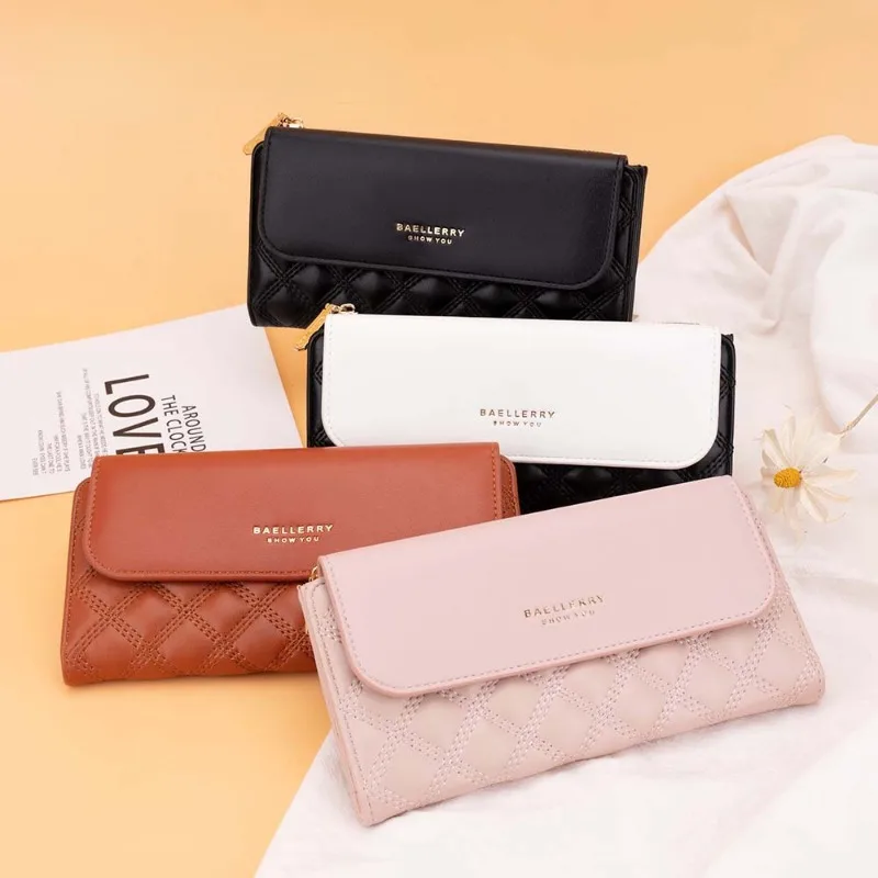 

Women's Long Type Purse Korean Style Multi-card Three-fold Hand Purse for Female Solid Color Pink Brown PU Wallet with Zipper