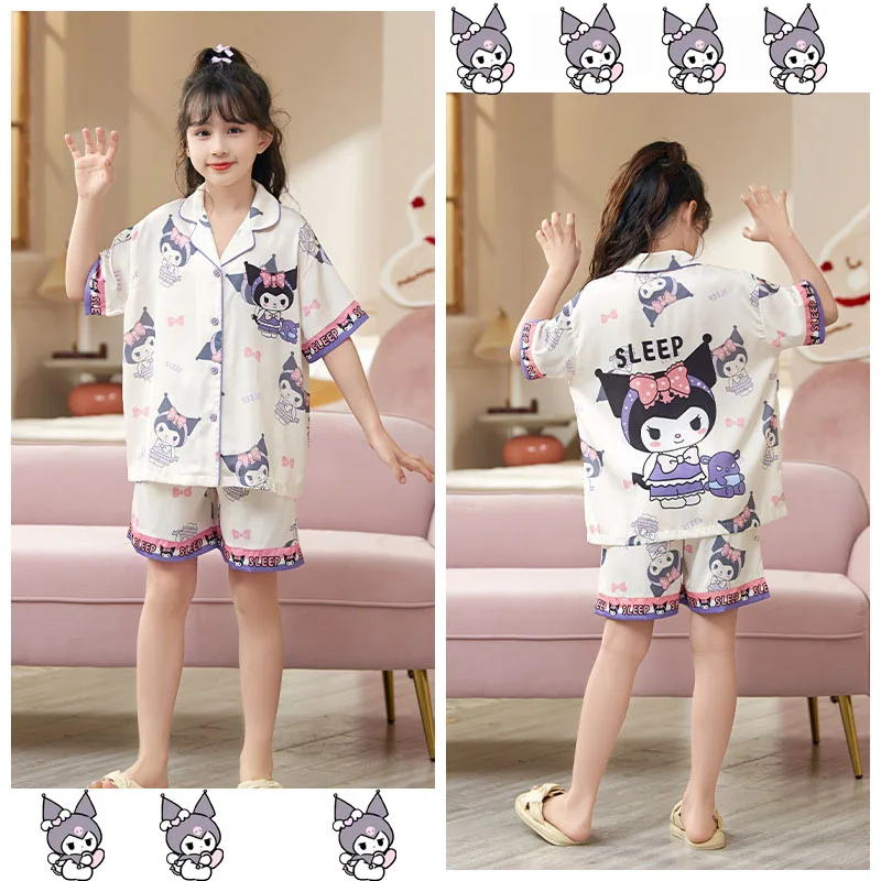 

Sanrios Anime Hellokitty Pajama Cartoon Kuromi Summer Ventilate Lapel Loose Loungewear Kawaii Girl Cinnamoroll Nighty 2Pcs Gift