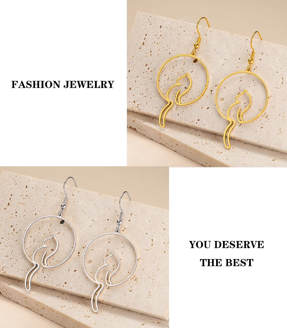 Cat Silhouette Drop Earrings for Women Stainless Steel Cute Cat Hollow Geometric Dangle Earrings Jewelry - PeticaDeals