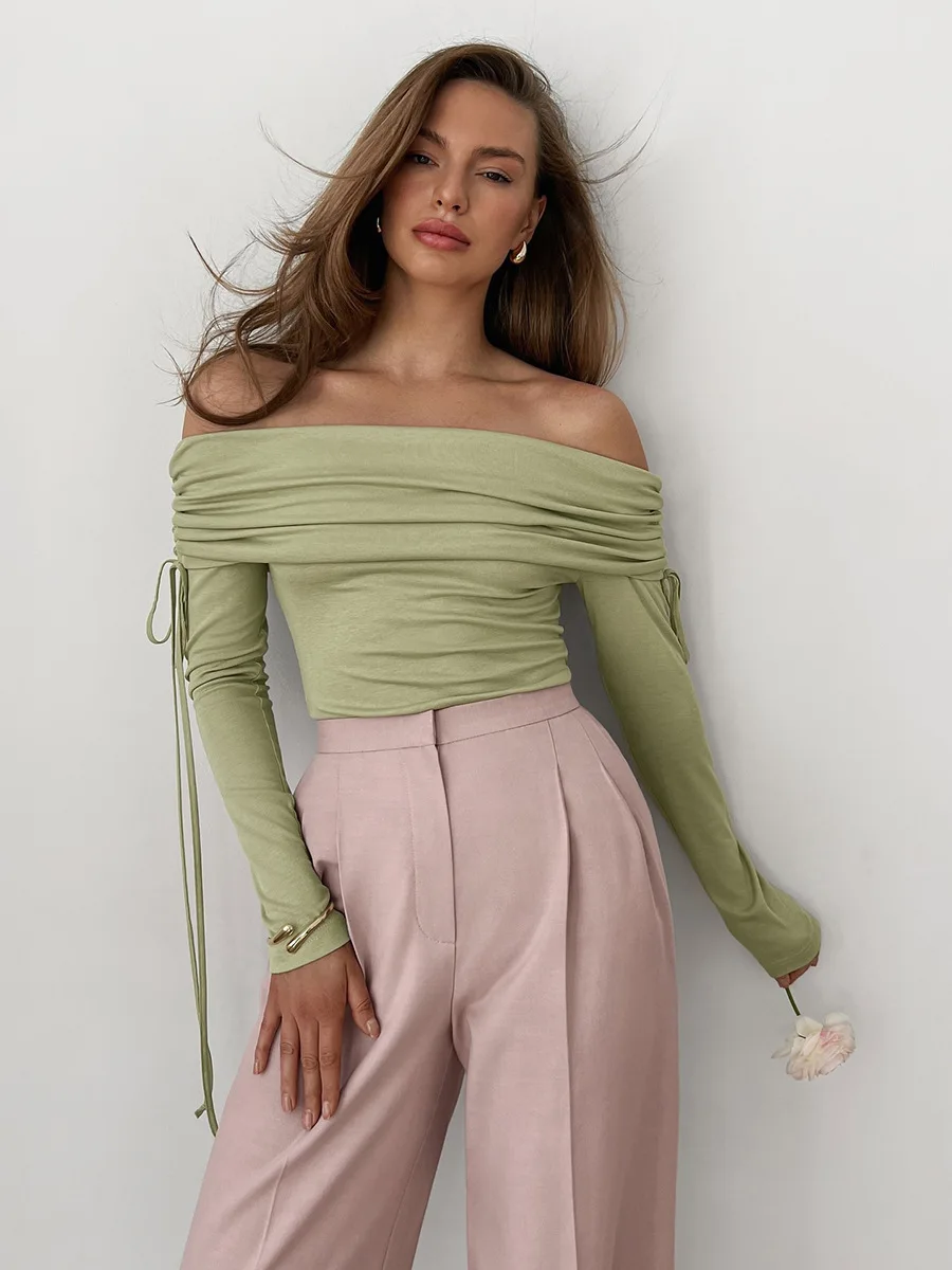 Bornladies Women's Trendy New Autumn Winter Off The Shoulder Long Sleeve T Shirt Drawstring Sexy Slim Fit Base Top