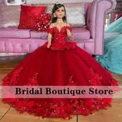 Cute Flower Girls Dress For Wedding 2023 Off Shoulder Appliques Crystal Ball Gowns Child Dress First Communion Photoshoot