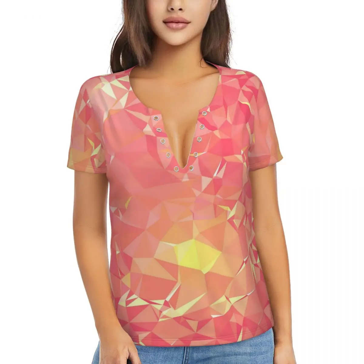 

Футболки с геометрическим принтом, простая футболка оверсайз с глубоким V-образным вырезом и коротким рукавом, женская футболка в стиле хип-хоп, пляжный дизайнерский Топ, футболки