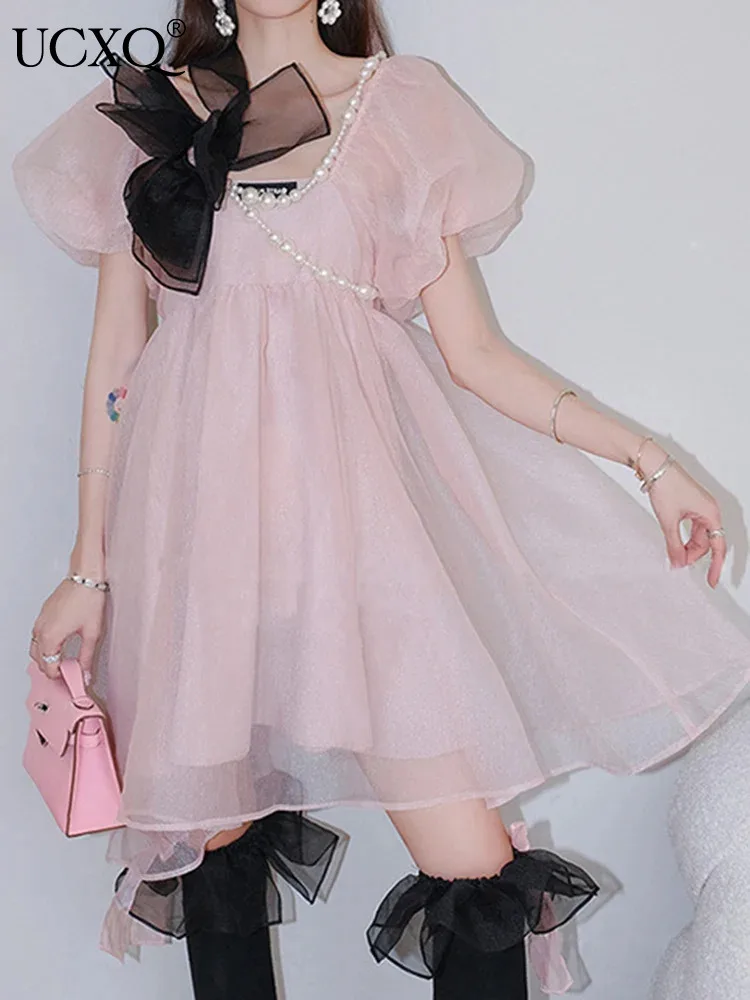 

UCXQ Fairy Style Pearl V Neck Bubble Sleeve Bow Tie Dress Elegant Pink Mesh Waist Length Dresses Women 2024 Spring Summer 3A8230