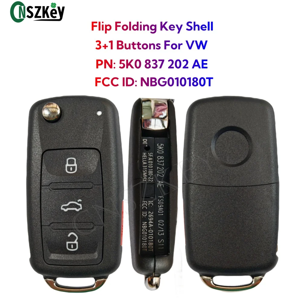 CNSZKey 2Pcs/LOT 5K0837202AE Flip Folding Remote Key Shell For VW Jetta CADDY EOS GTI Golf Passat Tiguan 3+1 Buttons NBG010180T