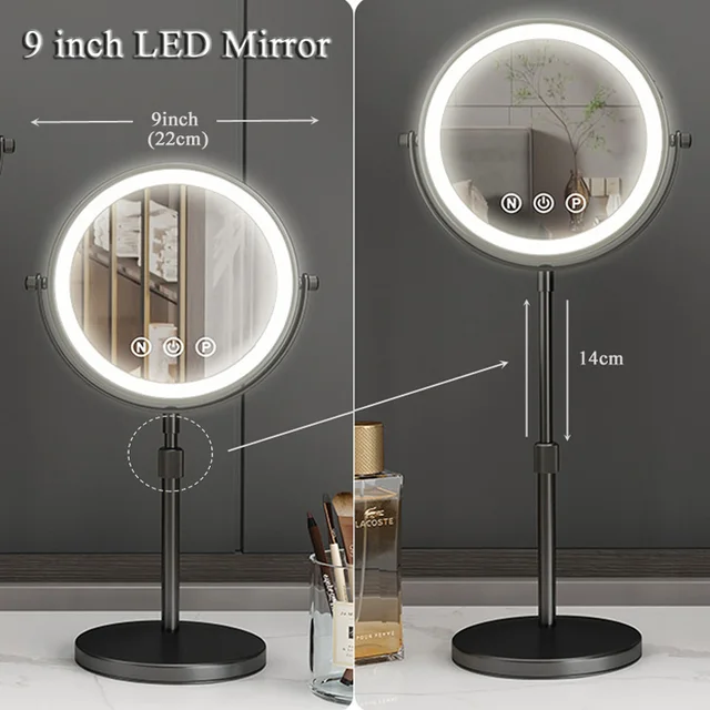 กระจกแต่งหน้า LED ปรับความสูงได้ 9 นิ้ว, กระจกแต่งหน้าสองด้านขยาย 3X/5X พร้อมระบบควบคุมแบบสัมผัส, ใช้พลังงานจาก USB 1