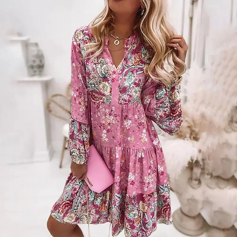2022 Autumn Oversize Print Aline Women's Dress Elegant Pleated Long Sleeve Casual Dresses