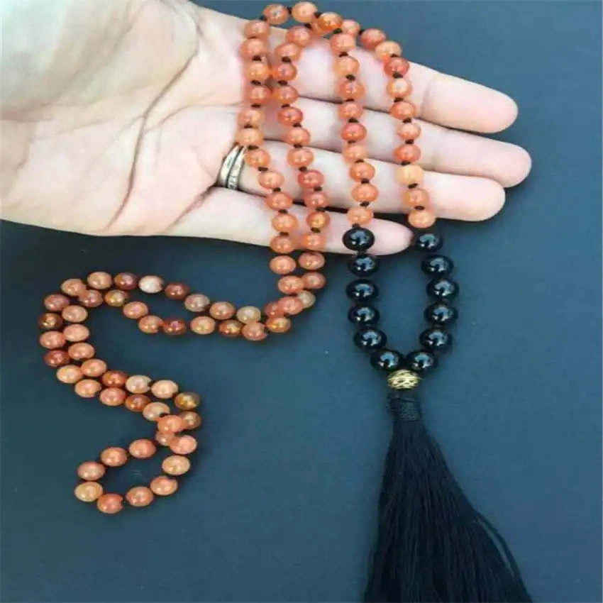 

8mm Red Aventurine Black Agate Gemstone Tassel Mala Bracelet Bridal Classic Bohemian Spiritual Zen Teenagers Couples