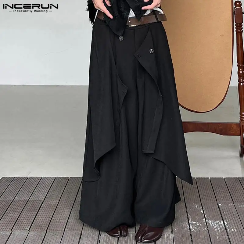 Men Wide Leg Pants Irregular Button Joggers Streetwear Solid Color Vintage Loose Casual S-5XL