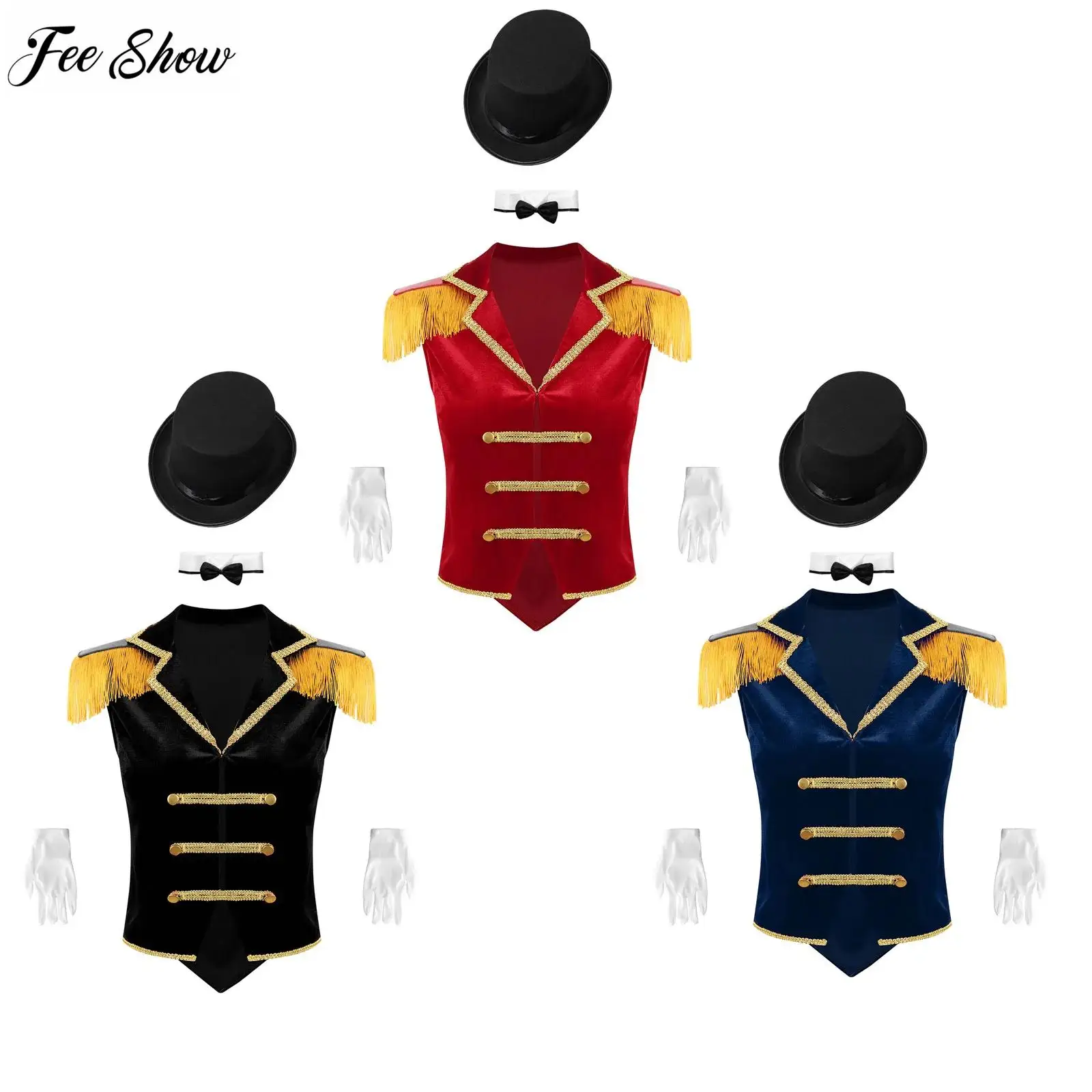 

Womens Circus Ringmaster Costume Set Sleeveless Lapel Fringed Shoulder Tops Outfits Master Lion Tamer Fancy Dress Stage