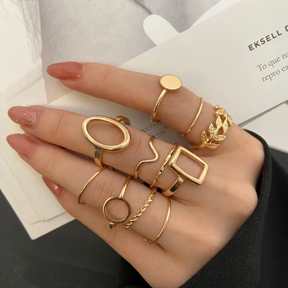 New Trendy Gold Color Rings Set For Women Simple Irregular Geometric Oval Hollow Out Opening Ring Girl Party Jewelry Gift Bague 1
