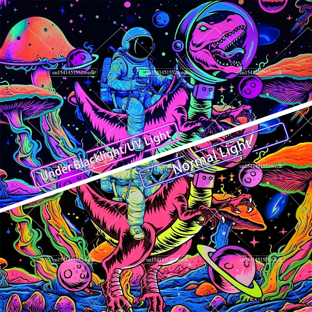 Blacklight Dinosaur Tapestry UV Reactive Space Astronaut Tapestries Neon Galaxy Planet Tapestry Stars Wall Hanging For Bedroom