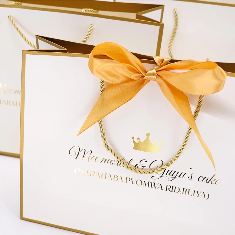 

Custom Printed Shiny gold foil bronzing Your Own Logo White Gift Shopping Paper Bag With Handles