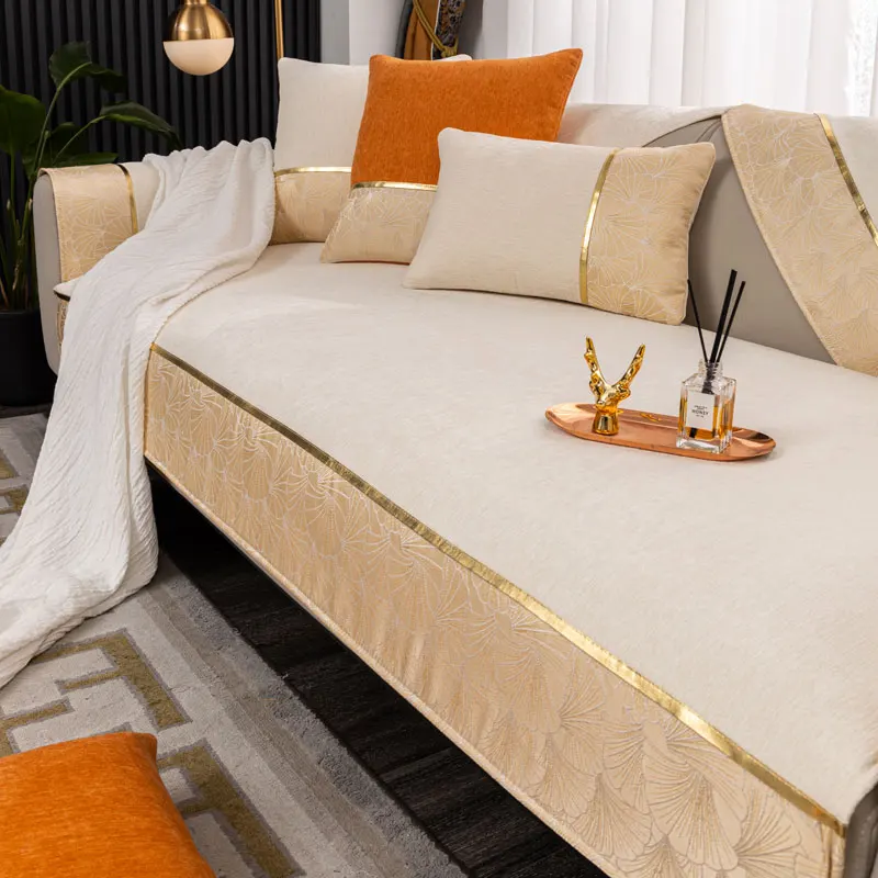 

Patchwork Jacquard Chenille Sofa Couch Cover 1/2/3/4/5 Seats Gold Strap Sectional Armchair Cushion Furniture Protector Anti-slip