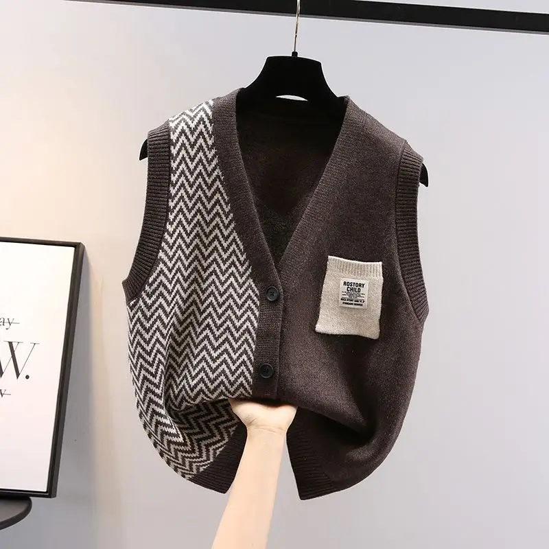 

2022 New Autumn Winter Women Knit Sweater Vest V-Neck Patchwork Stripe Pocket Vest Loose Warm Korean Preppy Style Sweater Vest