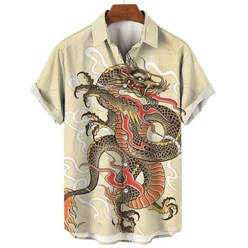 Summer 3D Dragon And Tiger Print Mens Handsome Loose Versatile Short Sleeve Shirts 2023 Fashion Beach Casual Men's Clothing