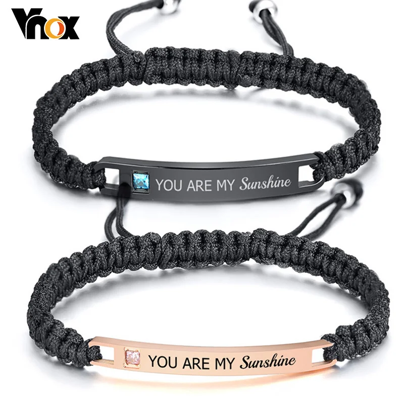 Vnox Free Personalized Custom Couple Bracelets for Women and Men Handmade Rope Braided Nameplate ID Matching Size Adjustable