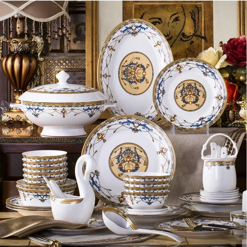 Jingdezhen Bone Porcelain Tableware Set, Elegant Dinnerware, Complete Stylish Kitchen Set, High-End Dining Dishware Set