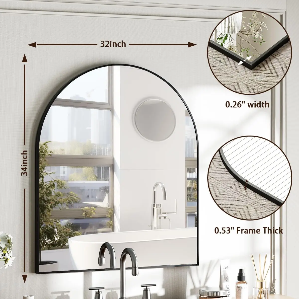 Arched Bathroom Mirror. 32x34". Wall Mounted. Aluminum Frame. Living Room, Bedroom, Bathroom, Entryway. Hanging/Leaning. Black.