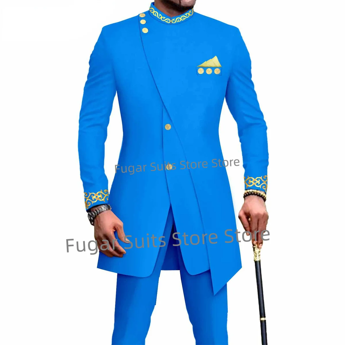 Luxuly Royal Blue Wedding Men Suits Slim Fit Stand Lapel Long Geoom Tuxedos 2 Pieces Sets Business Male Blazer Costume Homme