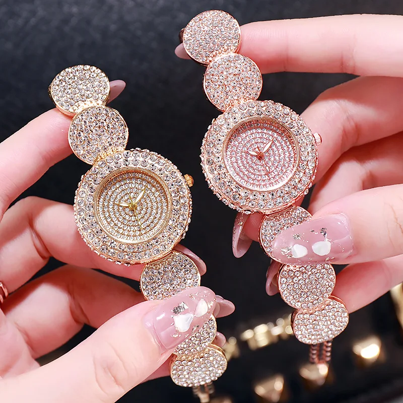 2pcs set luxury women quartz watches fashion ladies rhinestone wristwatch iced out gold silver color bracelet watch ​reloj muje Watch Women Full Iced Out Gold Rhinestone Wristwatch Ladies Simple Clocks Simple Hot Sale Fashion Girl Gift Reloj Mujer Relogio